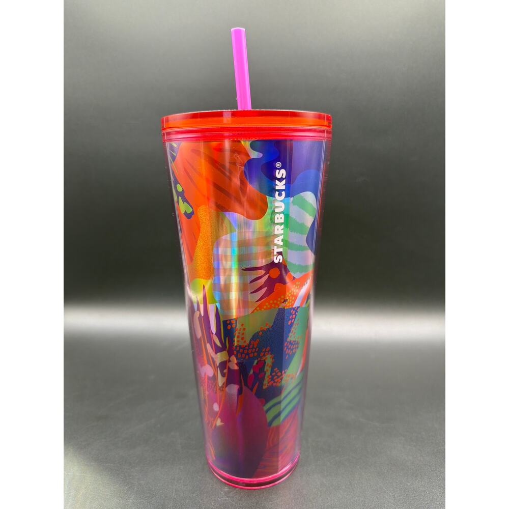 Starbucks Iridescent Blue Cold Cup Tumbler 24oz Orange Lid Straw Siren Icons